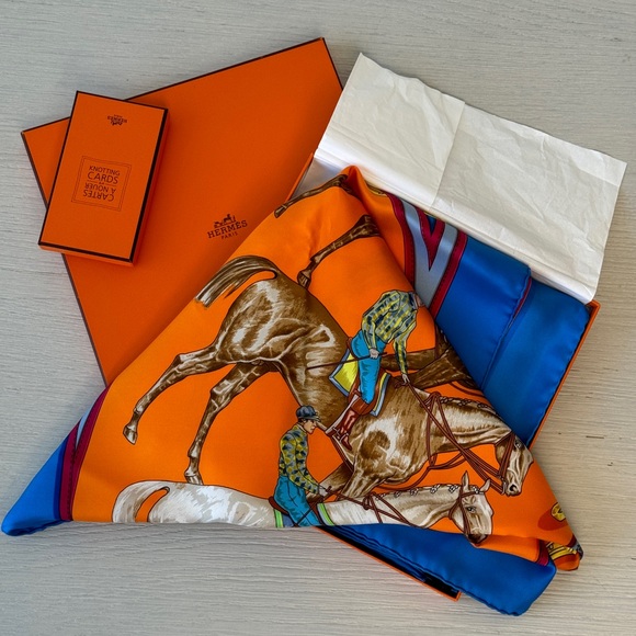 Hermes Silk Twill Scarf Horses Orange Blue W/ Box and cards